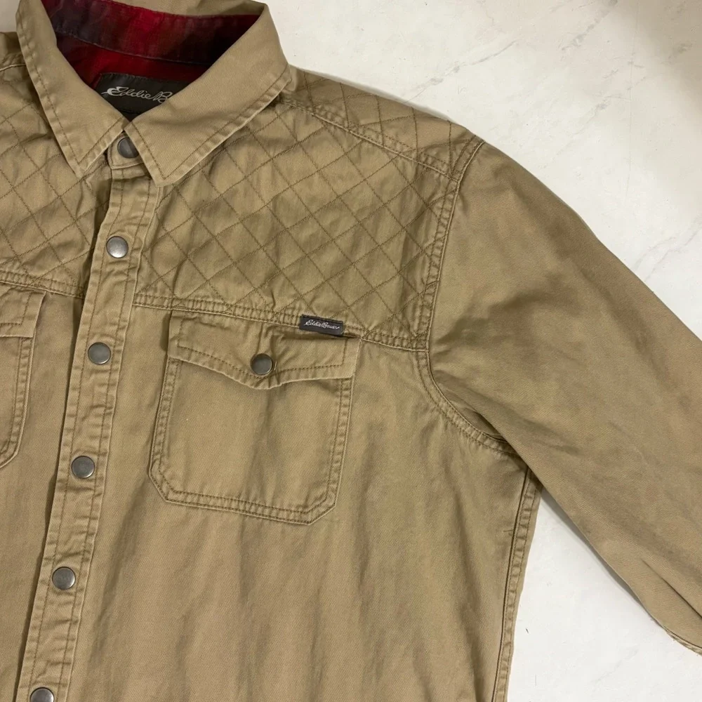 Eddie Bauer Mens TL Shacket Utility Jacket Tan Plaid Fleece Lined Workwear Chore